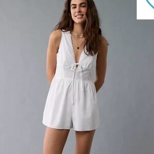 American Eagle | Tie Front V-Neck Romper, Lace Detail, White, Size S - NWOT